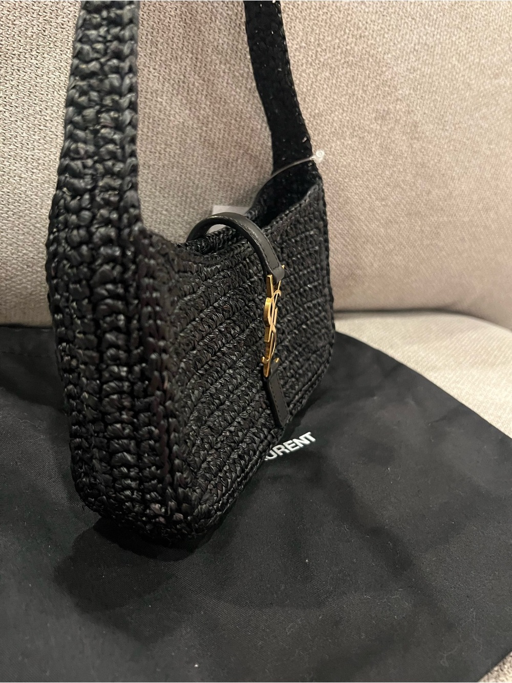 NEW SAINT LAURENT Women's Le 5 À 7 Leather - Black Trimmed Raffia Mini Hobo Bag - Picture 7 of 14
